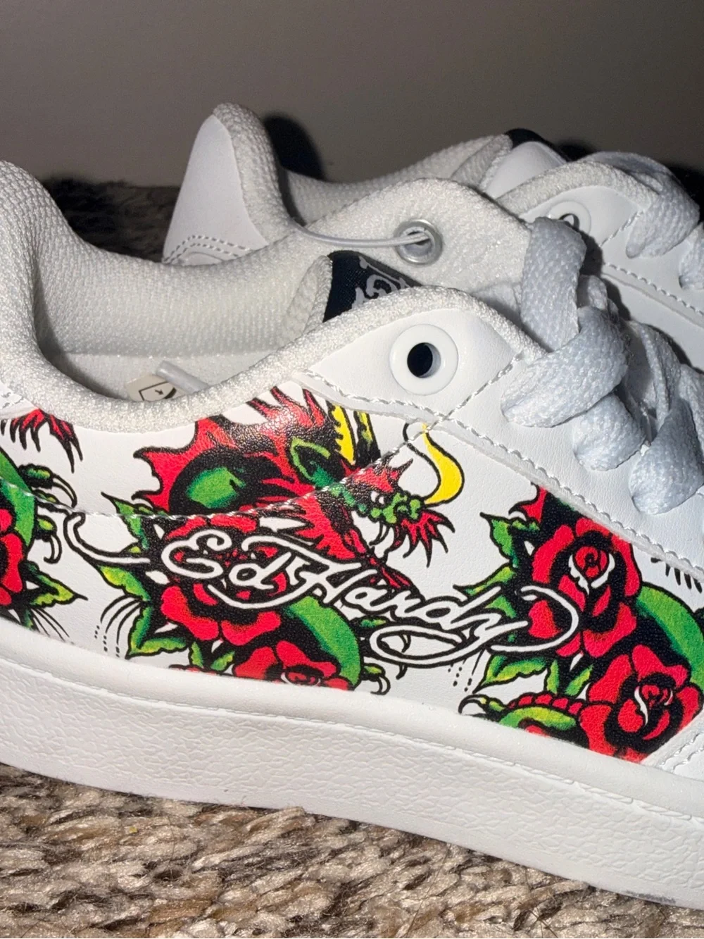 Ed Hardy White Sneakers with Red Rose and Green Leaf Side Art